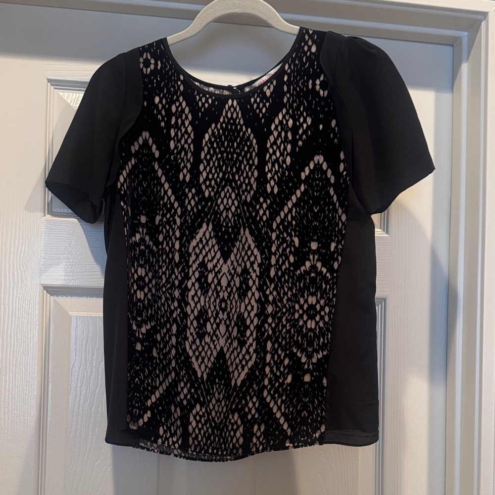Rebecca Taylor Black 100% Silk Top with Beige Lace-Style Front and Back Panels